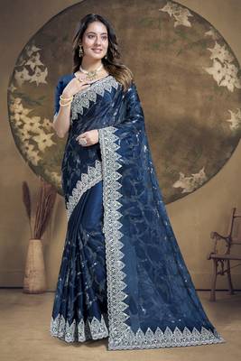 Teal blue heavy sequence embroidery work silk saree 1