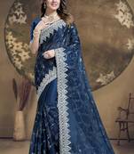 Teal blue heavy sequence embroidery work silk saree