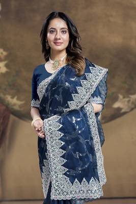 Teal blue heavy sequence embroidery work silk saree 2