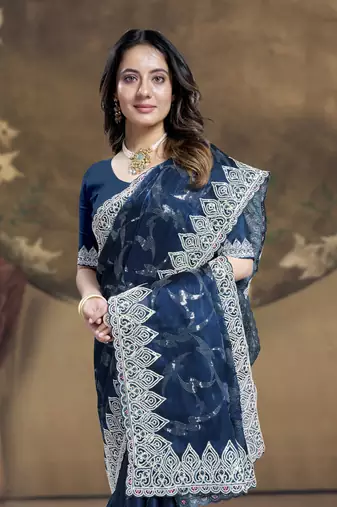 Teal blue heavy sequence embroidery work silk saree