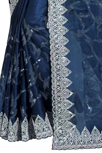 Teal blue heavy sequence embroidery work silk saree