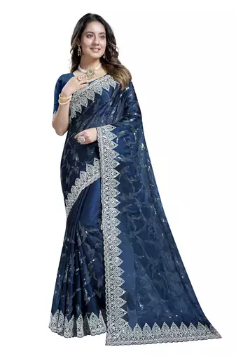 Teal blue heavy sequence embroidery work silk saree