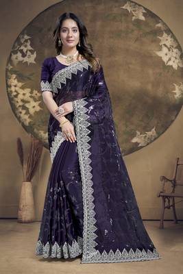 Purple heavy sequence embroidery work silk saree 1