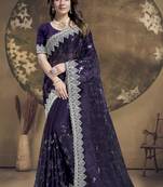 Purple heavy sequence embroidery work silk saree