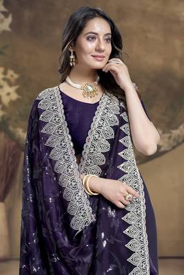 Purple heavy sequence embroidery work silk saree 2