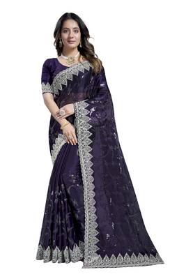 Purple heavy sequence embroidery work silk saree 5