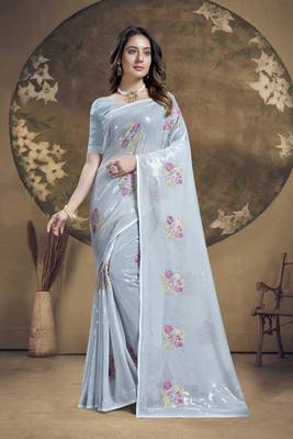 Grey heavy sequence embroidery work silk saree 1