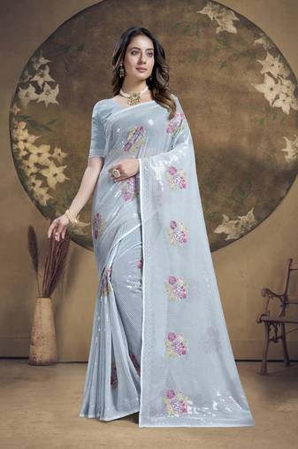 Grey heavy sequence embroidery work silk saree