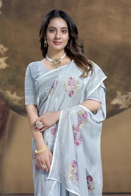 Grey heavy sequence embroidery work silk saree 2