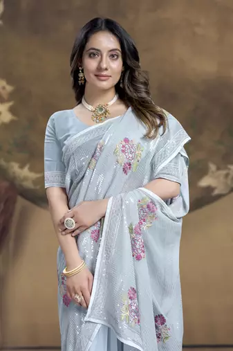 Grey heavy sequence embroidery work silk saree