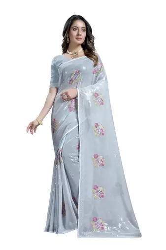 Grey heavy sequence embroidery work silk saree