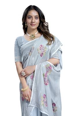 Grey heavy sequence embroidery work silk saree 5