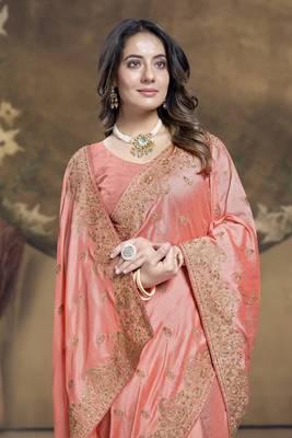 Peach heavy sequence embroidery work silk saree 2