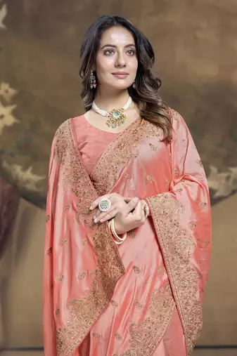Peach heavy sequence embroidery work silk saree