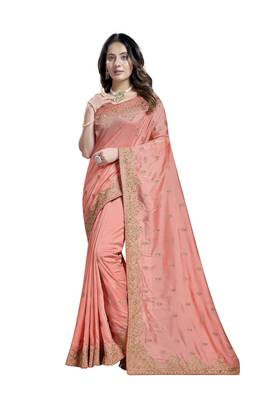 Peach heavy sequence embroidery work silk saree 4