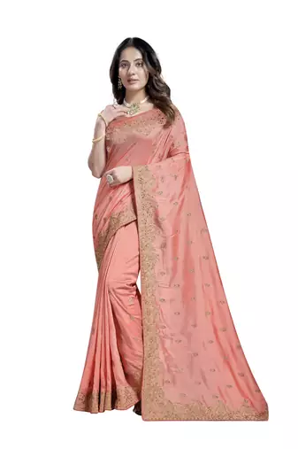 Peach heavy sequence embroidery work silk saree