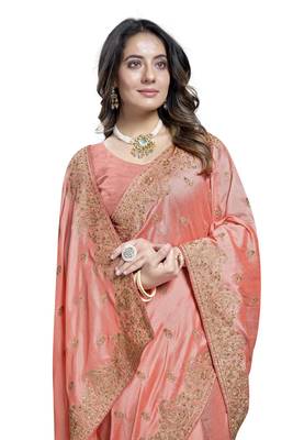 Peach heavy sequence embroidery work silk saree 5