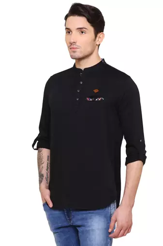 Kuons avenue men's tailored fit black cotton short kurta