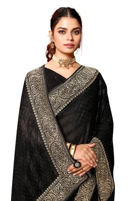 Black heavy zari embroidery work art silk saree 4