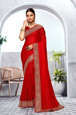 Red heavy zari embroidery work art silk saree 1