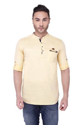 men's tailored fit cream yellow cotton short kurta 1