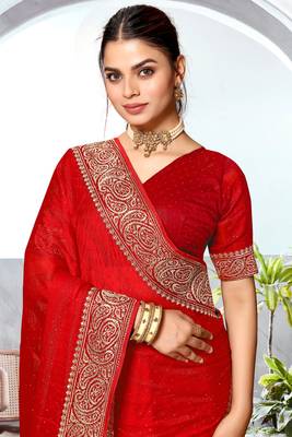 Red heavy zari embroidery work art silk saree 2