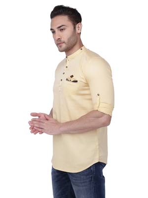men's tailored fit cream yellow cotton short kurta 3