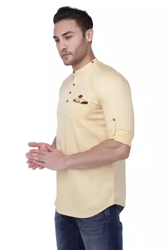 men's tailored fit cream yellow cotton short kurta