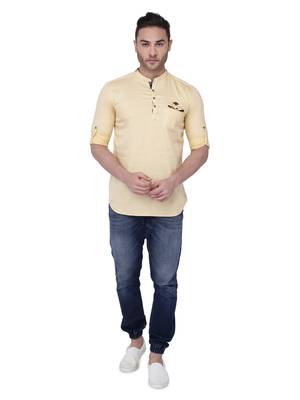 men's tailored fit cream yellow cotton short kurta 4