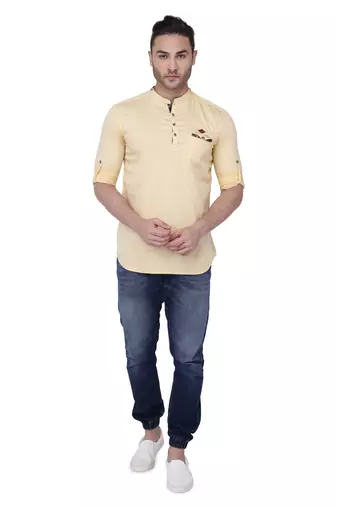men's tailored fit cream yellow cotton short kurta