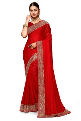 Red heavy zari embroidery work art silk saree 3