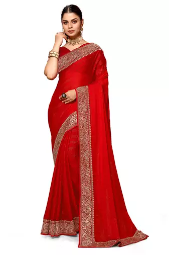 Red heavy zari embroidery work art silk saree