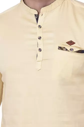 men's tailored fit cream yellow cotton short kurta