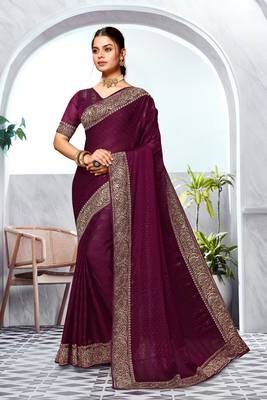 Wine heavy zari embroidery work art silk saree 1