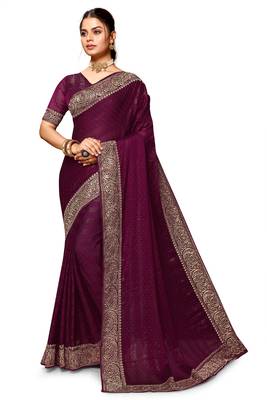 Wine heavy zari embroidery work art silk saree 3