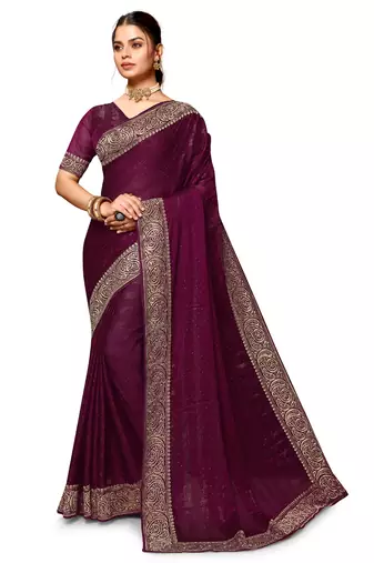 Wine heavy zari embroidery work art silk saree