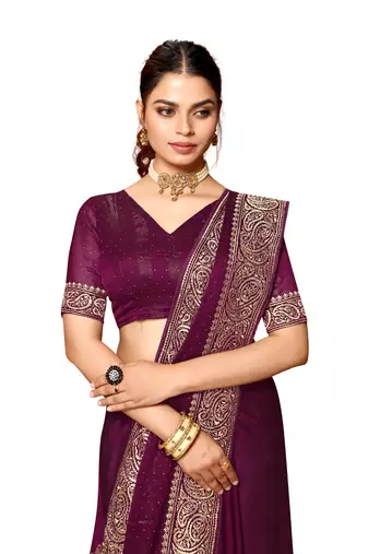Wine heavy zari embroidery work art silk saree