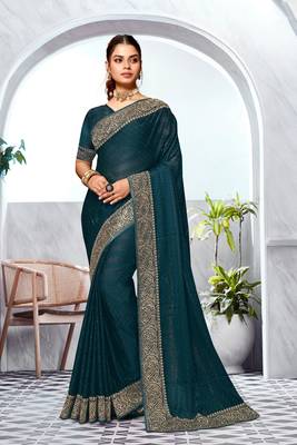 Teal blue heavy zari embroidery work art silk saree 1