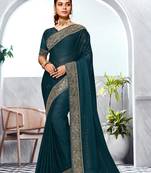 Teal blue heavy zari embroidery work art silk saree