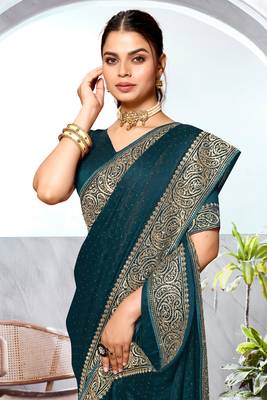 Teal blue heavy zari embroidery work art silk saree 2