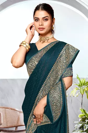 Teal blue heavy zari embroidery work art silk saree