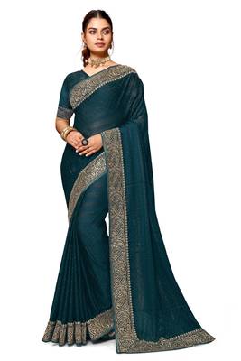 Teal blue heavy zari embroidery work art silk saree 3