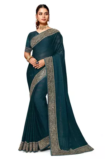 Teal blue heavy zari embroidery work art silk saree