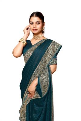 Teal blue heavy zari embroidery work art silk saree 4