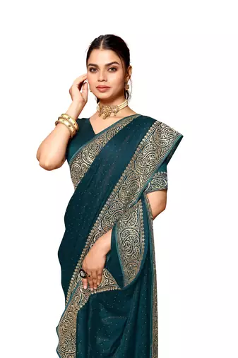 Teal blue heavy zari embroidery work art silk saree