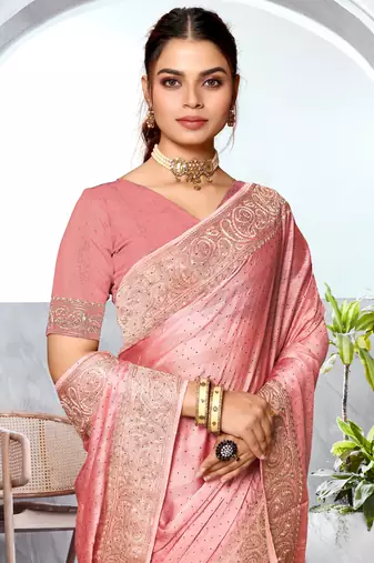 Dusty peach heavy zari embroidery work art silk saree