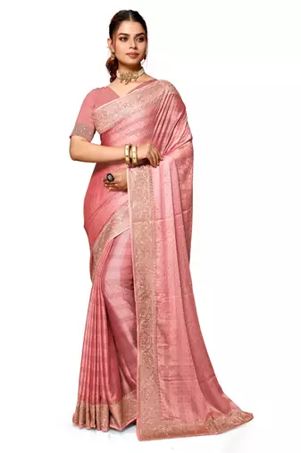 Dusty peach heavy zari embroidery work art silk saree
