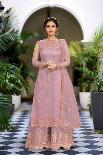 Peach Net Embroidery Sharara Suit with Dupatta 3 Pieces Salwar Kameez Set 