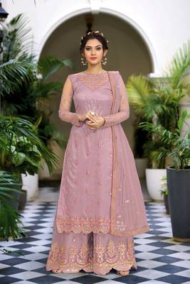 Peach Net Embroidery Sharara Suit with Dupatta 3 Pieces Salwar Kameez Set  1