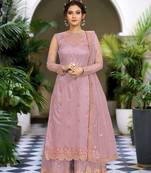Trendmalls Peach Net Embroidery Sharara Suit with Dupatta 3 Pieces Salwar Kameez Set 